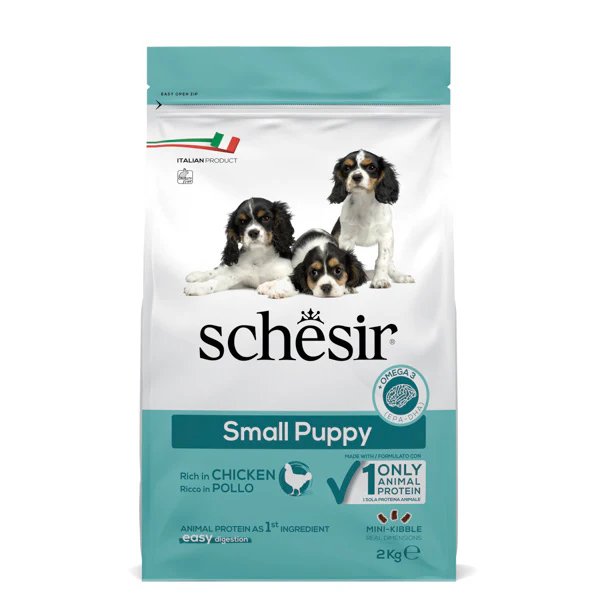 𝗦𝗰𝗵𝗲𝘀𝗶𝗿 𝗗𝗼𝗴 𝗗𝗿𝘆 𝗦𝗺𝗮𝗹𝗹 𝗣𝘂𝗽𝗽𝘆 𝗣𝗼𝗹𝗹𝗼 - Morbidi e Pelosi - Alimento Secco per cane - Schesir