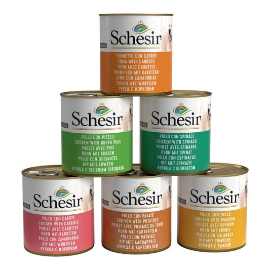 𝗦𝗰𝗵𝗲𝘀𝗶𝗿 𝗗𝗼𝗴 𝗴𝗿 𝟮𝟴𝟱 - 𝗰𝗼𝗻𝗳𝗲𝘇𝗶𝗼𝗻𝗲 𝗱𝗮 𝟲 - Morbidi e Pelosi - Alimento Umido per cane - Schesir